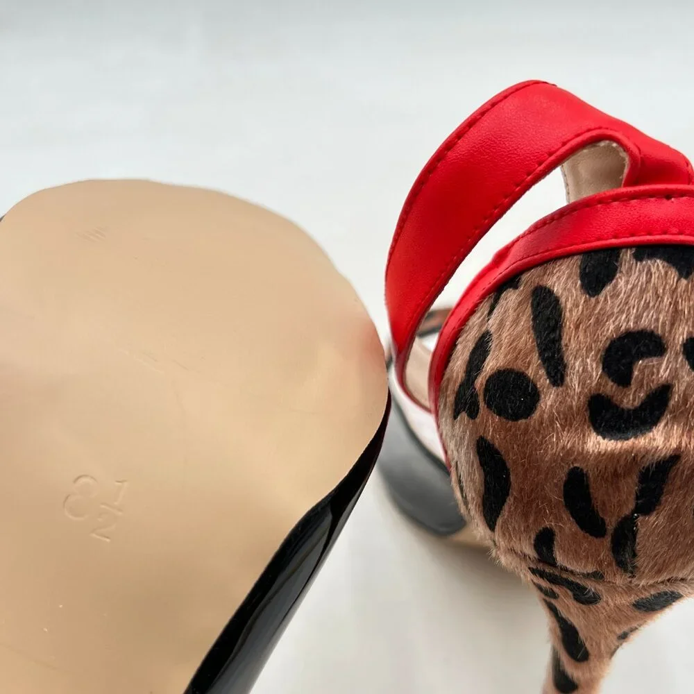 Leopard Print Red Ankle-Strap Stiletto Sandals - Picture 5 of 7